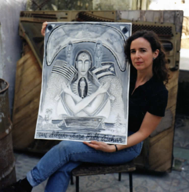 Ruth on one of her first trips to Cuba with artwork by Rolando Estévez (Rolando Estévez)